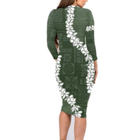 Hawaii Aloha Family Matching Long Sleeve Bodycon Dress and Hawaiian Shirt Sage Quilt Patch Work Mix Plumeria Lei
