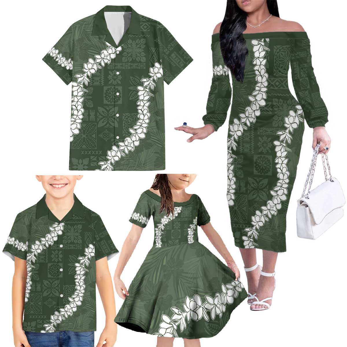 Hawaii Aloha Family Matching Off The Shoulder Long Sleeve Dress and Hawaiian Shirt Sage Quilt Patch Work Mix Plumeria Lei