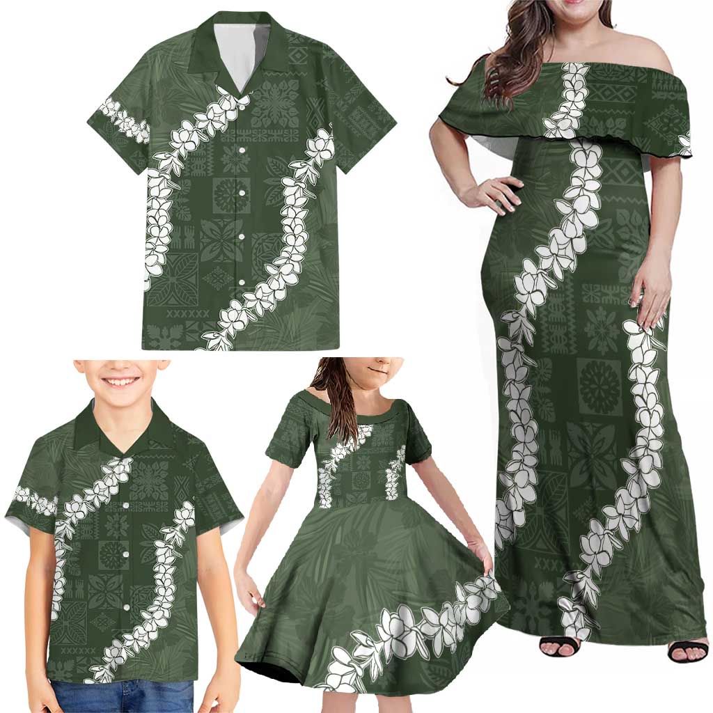 Hawaii Aloha Family Matching Off Shoulder Maxi Dress and Hawaiian Shirt Sage Quilt Patch Work Mix Plumeria Lei