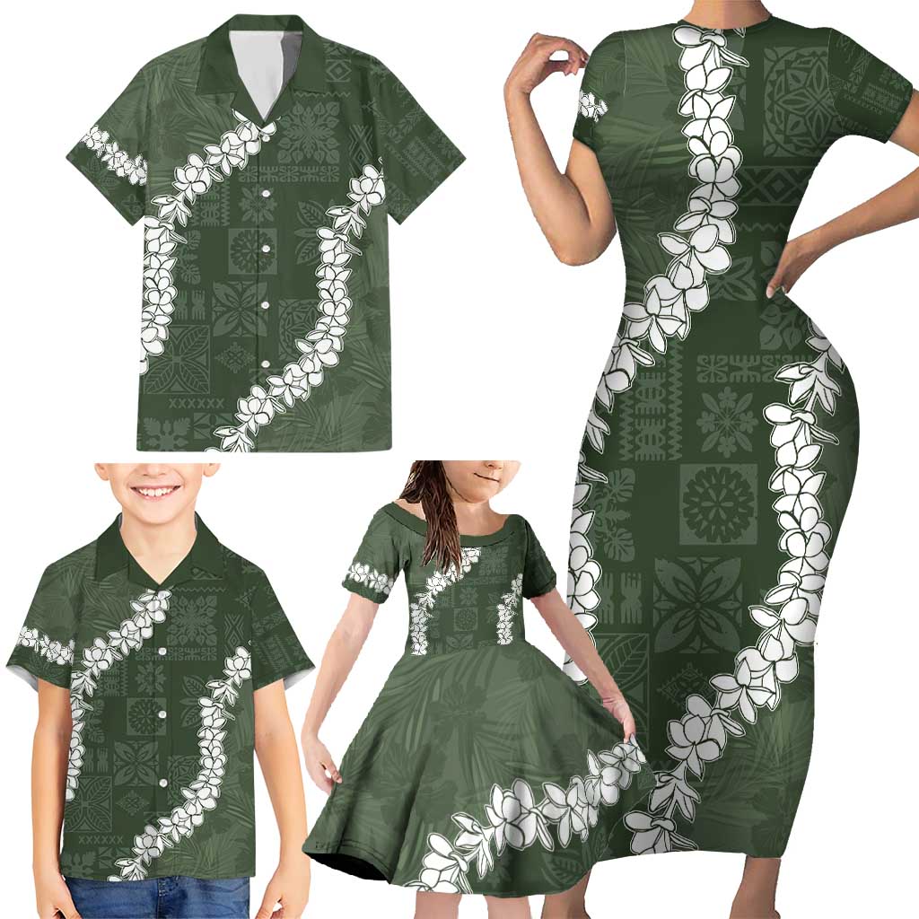 Hawaii Aloha Family Matching Short Sleeve Bodycon Dress and Hawaiian Shirt Sage Quilt Patch Work Mix Plumeria Lei