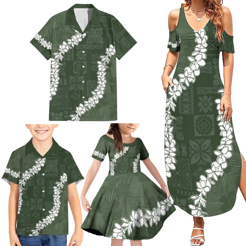 Hawaii Aloha Family Matching Summer Maxi Dress and Hawaiian Shirt Sage Quilt Patch Work Mix Plumeria Lei