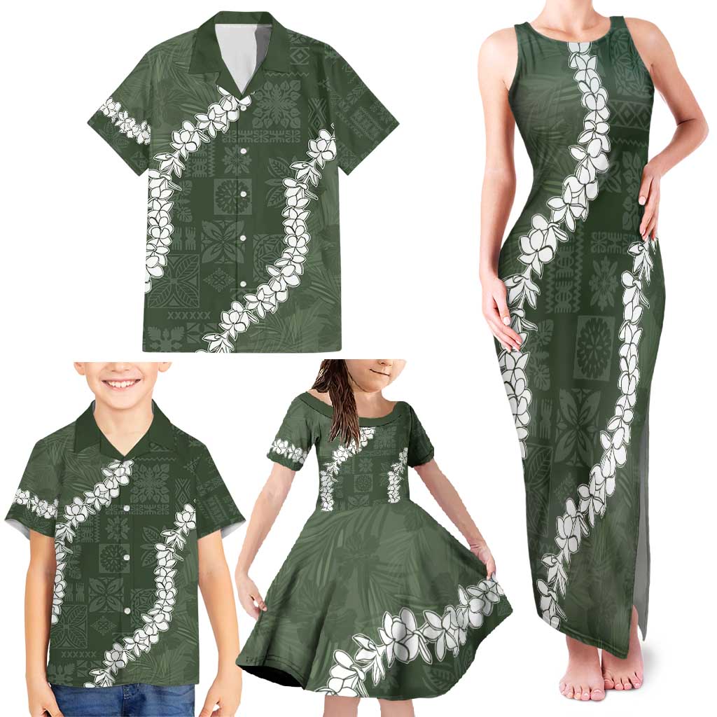 Hawaii Aloha Family Matching Tank Maxi Dress and Hawaiian Shirt Sage Quilt Patch Work Mix Plumeria Lei