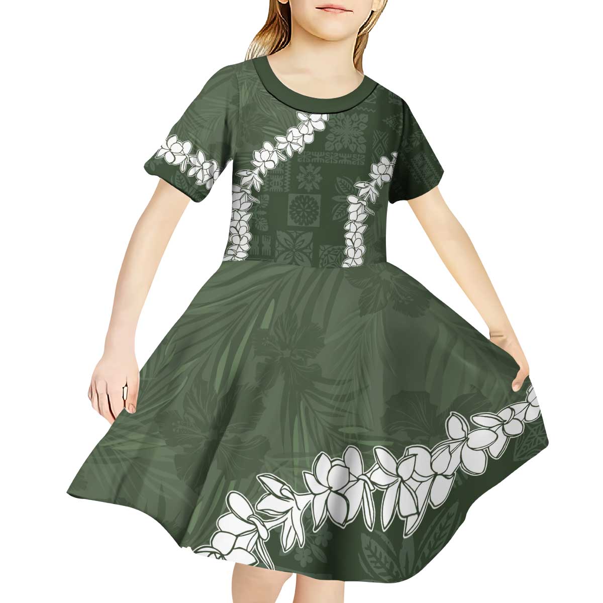 Hawaii Aloha Kid Short Sleeve Dress Sage Quilt Patch Work Mix Plumeria Lei