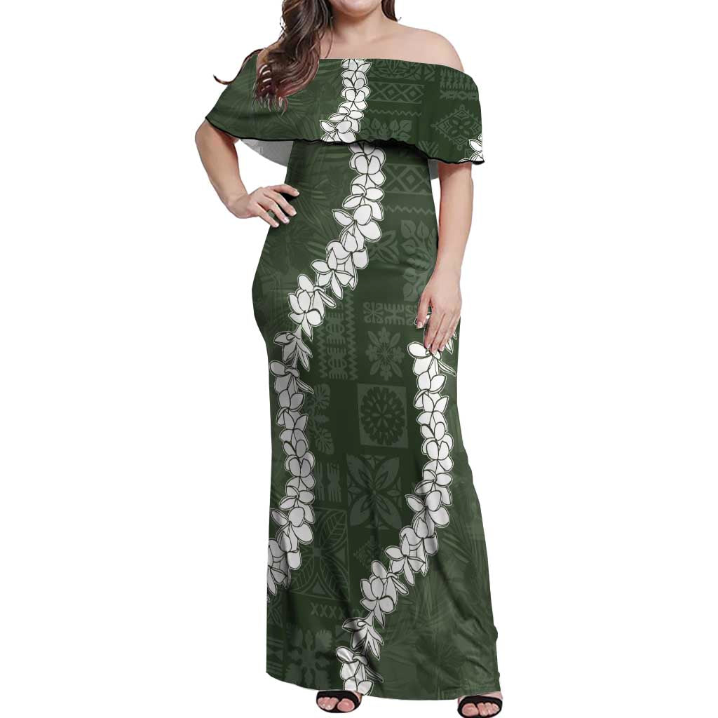 Hawaii Aloha Off Shoulder Maxi Dress Sage Quilt Patch Work Mix Plumeria Lei