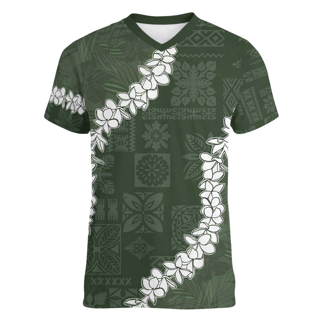 Hawaii Aloha Women V-Neck T-Shirt Sage Quilt Patch Work Mix Plumeria Lei