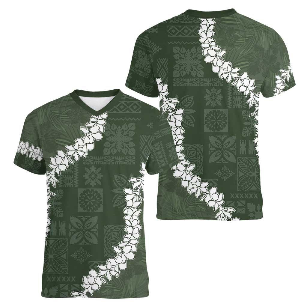 Hawaii Aloha Women V-Neck T-Shirt Sage Quilt Patch Work Mix Plumeria Lei