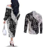 Hawaii Aloha Couples Matching Off The Shoulder Long Sleeve Dress and Long Sleeve Button Shirt White Quilt Patch Work Mix Plumeria Lei