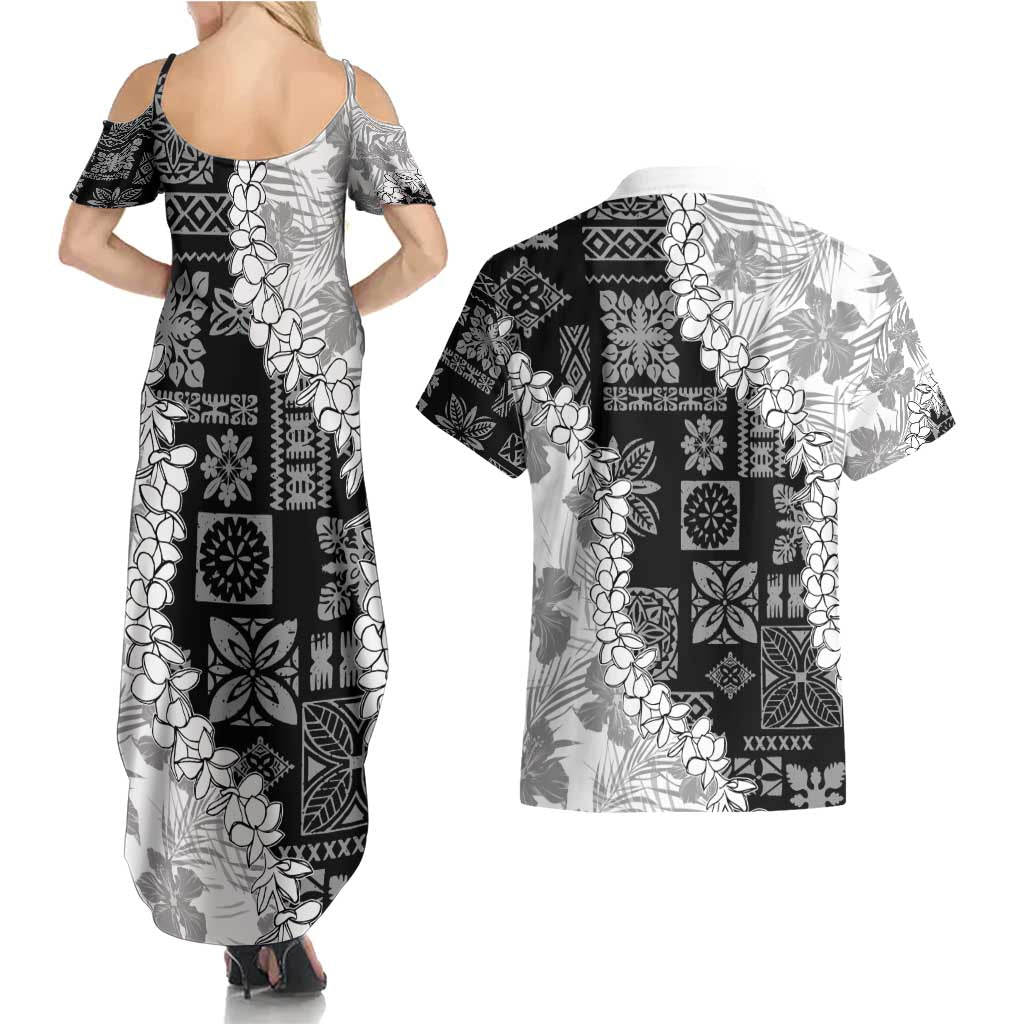 Hawaii Aloha Couples Matching Summer Maxi Dress and Hawaiian Shirt White Quilt Patch Work Mix Plumeria Lei