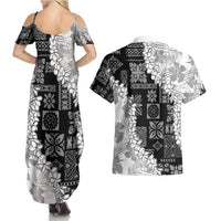 Hawaii Aloha Couples Matching Summer Maxi Dress and Hawaiian Shirt White Quilt Patch Work Mix Plumeria Lei