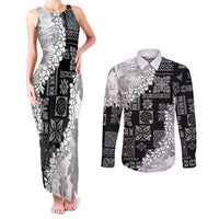 Hawaii Aloha Couples Matching Tank Maxi Dress and Long Sleeve Button Shirt White Quilt Patch Work Mix Plumeria Lei