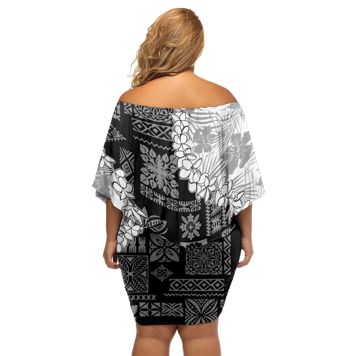 Hawaii Aloha Off Shoulder Short Dress White Quilt Patch Work Mix Plumeria Lei