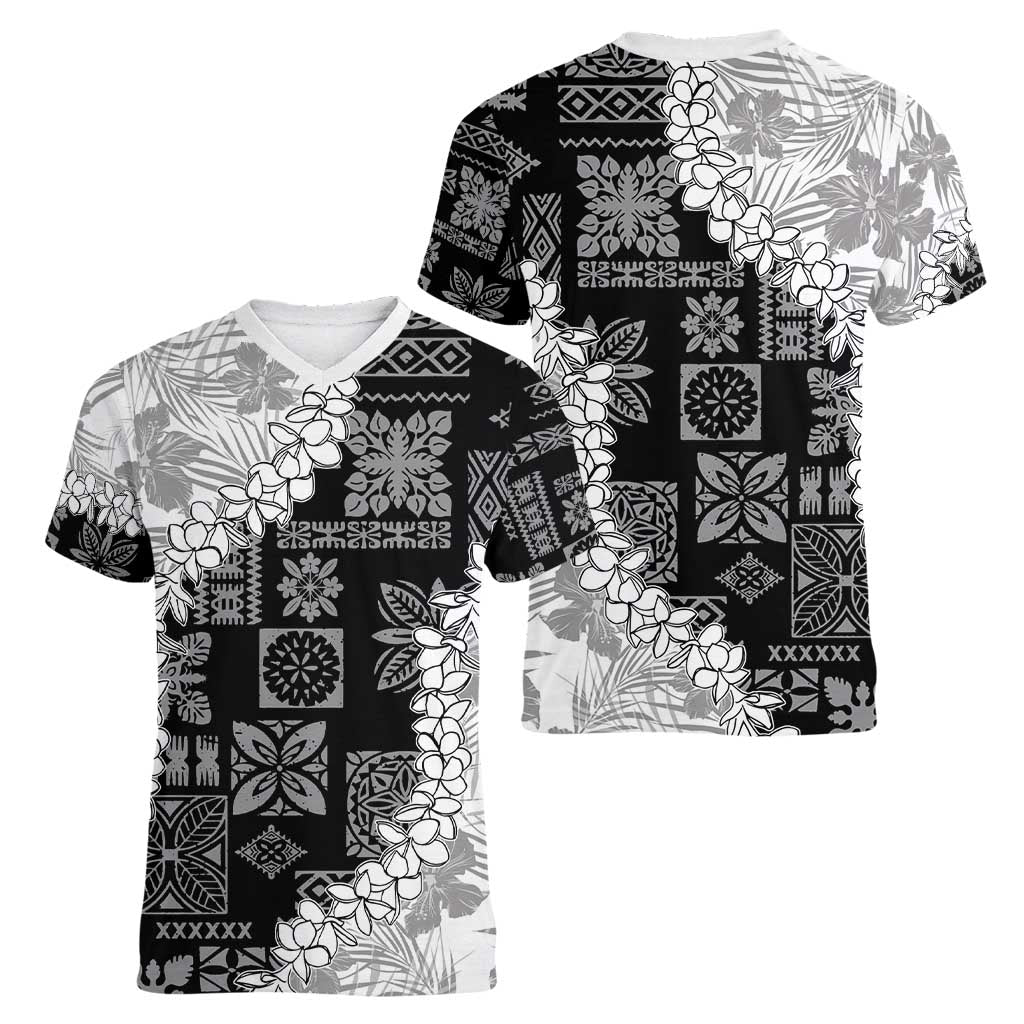 Hawaii Aloha Women V-Neck T-Shirt White Quilt Patch Work Mix Plumeria Lei