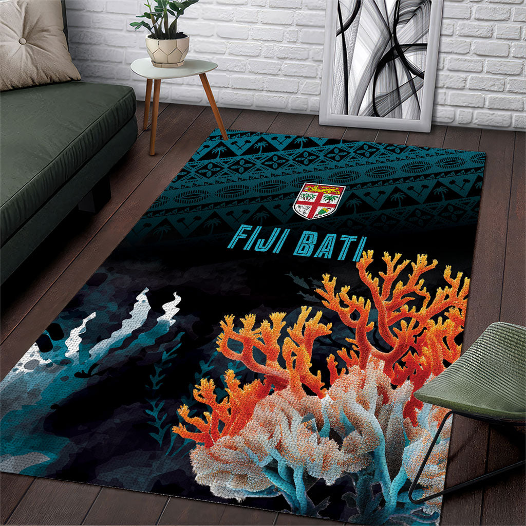 Fiji Bati Rugby Viti Masi Area Rug Coral Motifs LT7 Black Turquoise - Polynesian Pride