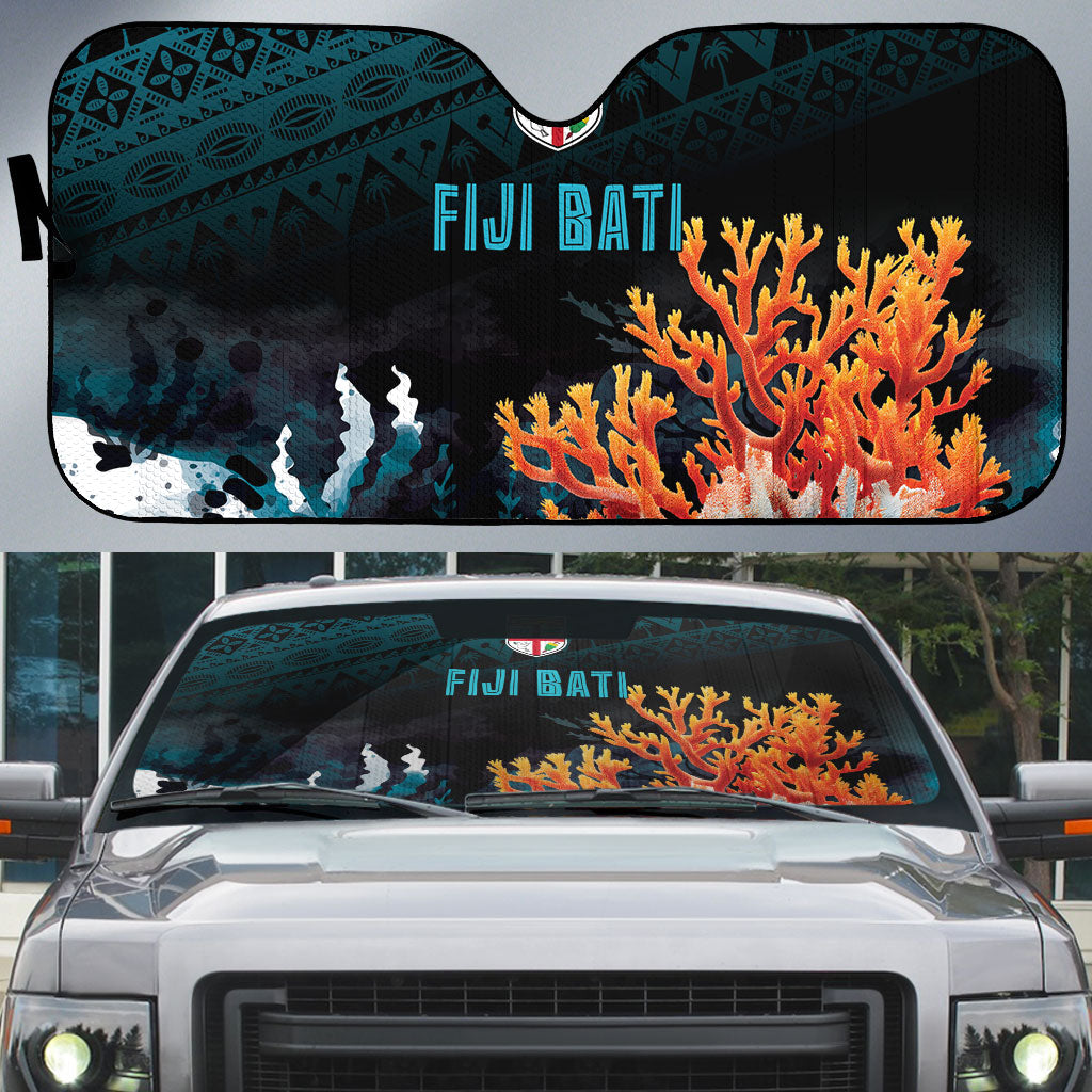 Fiji Bati Rugby Viti Masi Auto Sun Shade Coral Motifs LT7 Black Turquoise - Polynesian Pride