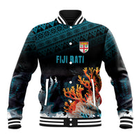 Fiji Bati Rugby Custom Viti Masi Baseball Jacket Coral Motifs LT7 Unisex Black Turquoise - Polynesian Pride