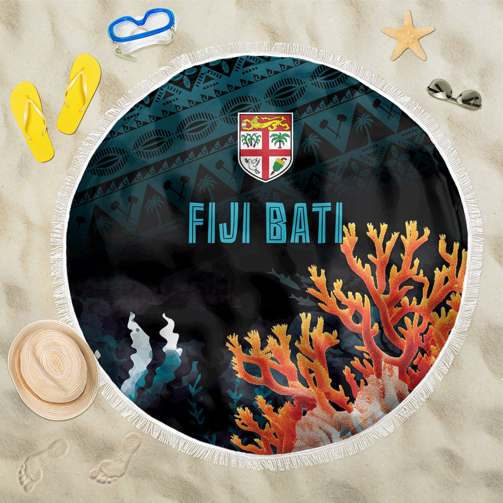 Fiji Bati Rugby Viti Masi Beach Blanket Coral Motifs LT7 One Size 150cm Black Turquoise - Polynesian Pride