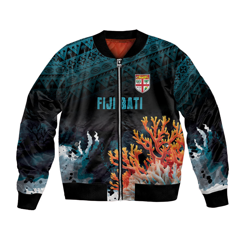 Fiji Bati Rugby Custom Viti Masi Bomber Jacket Coral Motifs LT7 Unisex Black Turquoise - Polynesian Pride