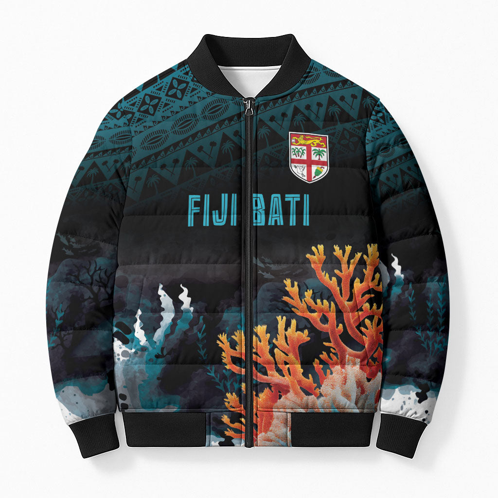 Fiji Bati Rugby Custom Viti Masi Bomber Puffer Jacket Coral Motifs LT7 Unisex Black Turquoise - Polynesian Pride