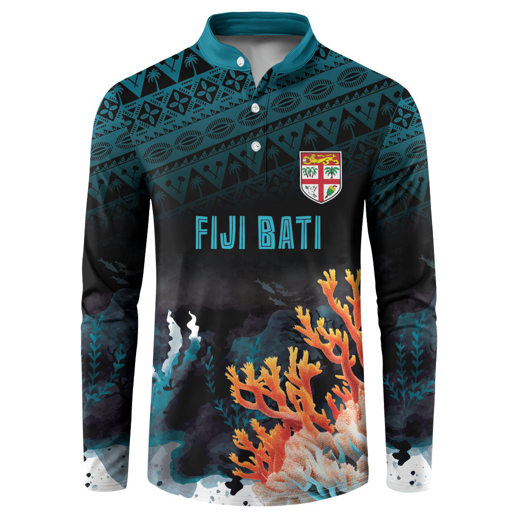 Fiji Bati Rugby Custom Viti Masi Button Sweatshirt Coral Motifs LT7 Black Turquoise - Polynesian Pride