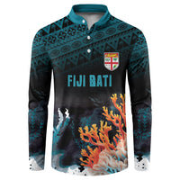 Fiji Bati Rugby Custom Viti Masi Button Sweatshirt Coral Motifs LT7 Black Turquoise - Polynesian Pride