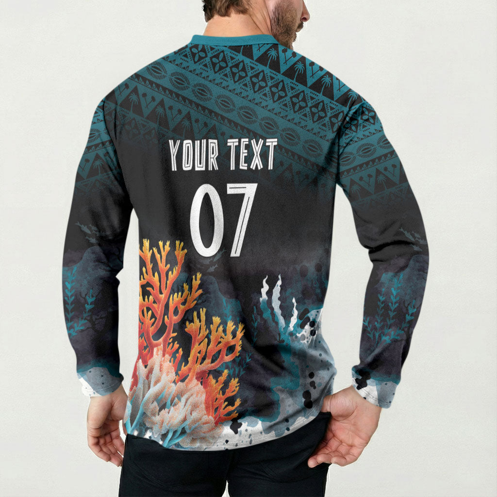 Fiji Bati Rugby Custom Viti Masi Button Sweatshirt Coral Motifs LT7 - Polynesian Pride