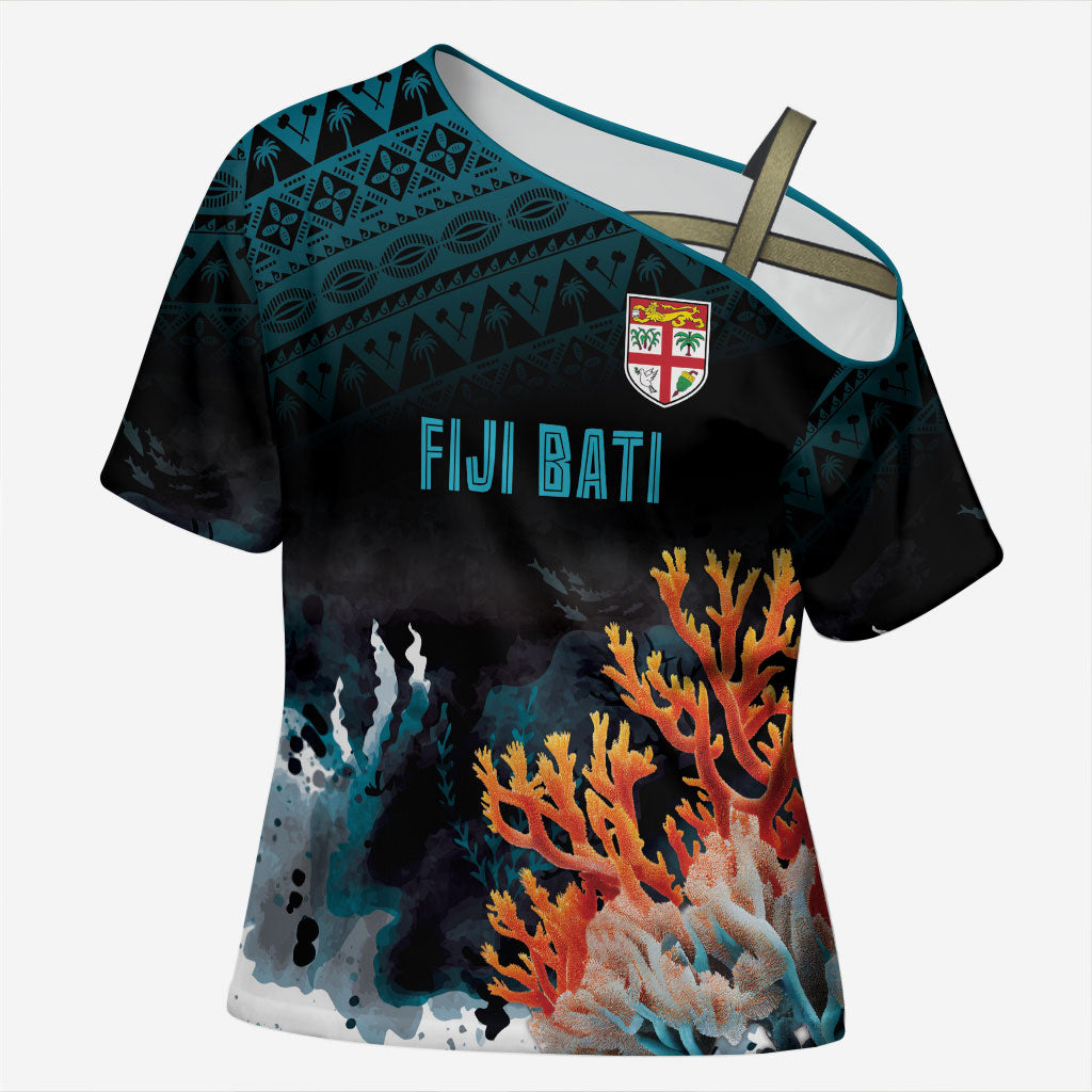 Fiji Bati Rugby Custom Viti Masi Cross Shoulder Shirt Coral Motifs LT7 Female Black Turquoise - Polynesian Pride