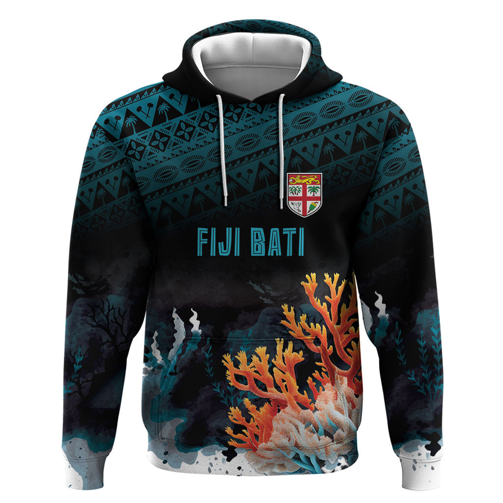 Fiji Bati Rugby Custom Viti Masi Hoodie Coral Motifs LT7 Pullover Hoodie Black Turquoise - Polynesian Pride