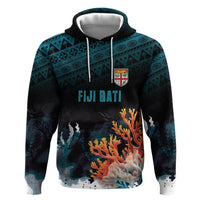 Fiji Bati Rugby Custom Viti Masi Hoodie Coral Motifs LT7 Pullover Hoodie Black Turquoise - Polynesian Pride