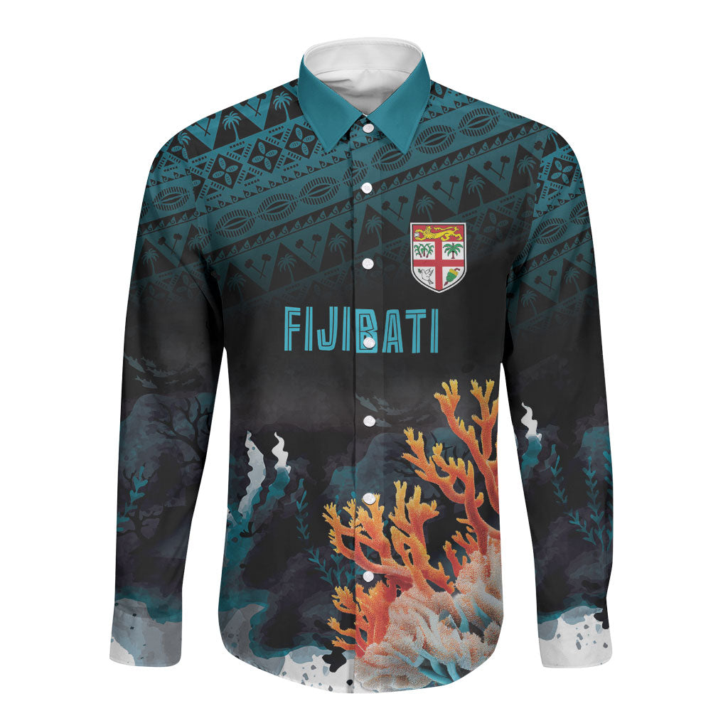 Fiji Bati Rugby Custom Viti Masi Long Sleeve Button Shirt Coral Motifs LT7 Unisex Black Turquoise - Polynesian Pride