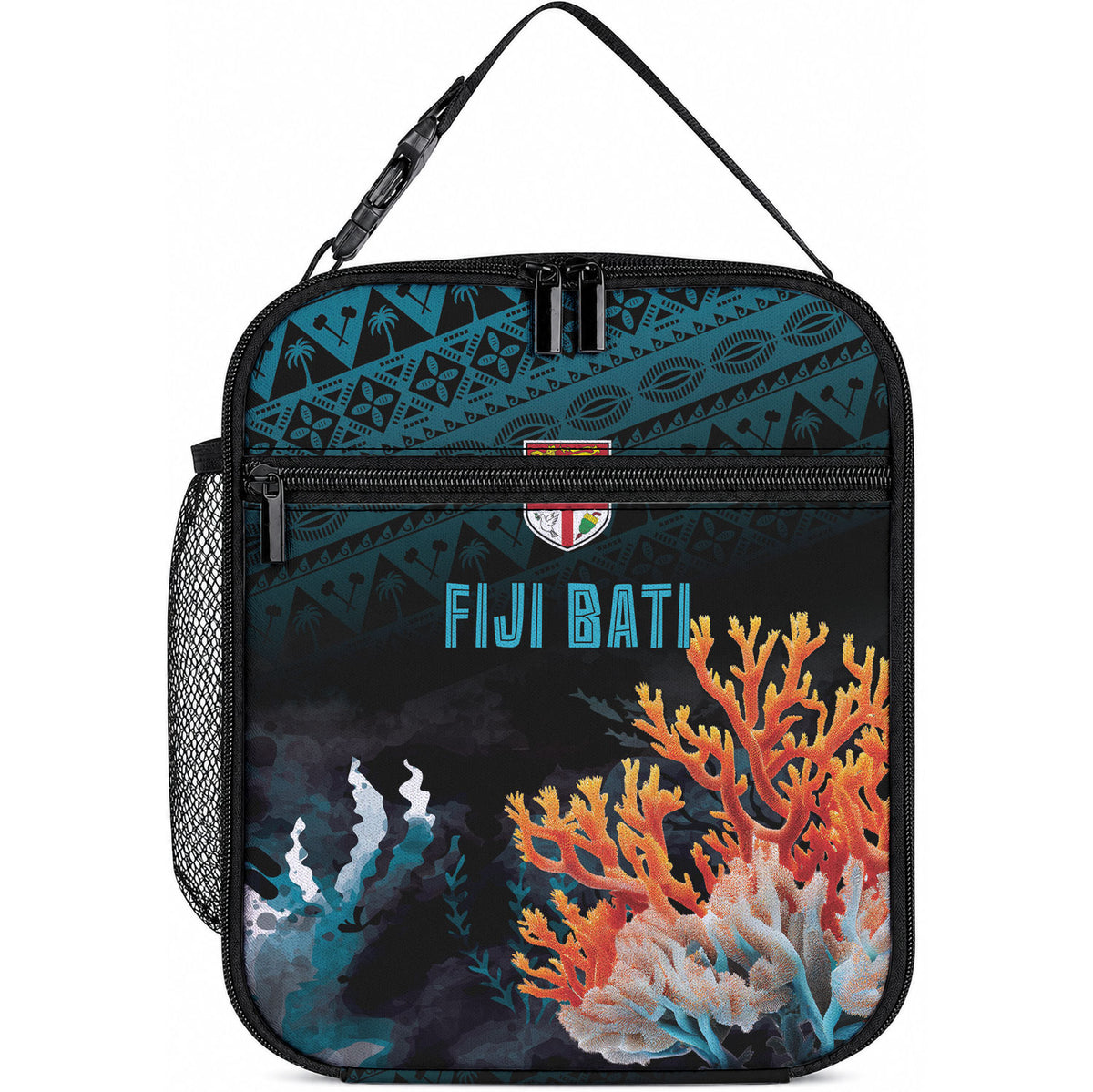 Fiji Bati Rugby Viti Masi Lunch Bag Coral Motifs LT7 10.2 × 8.3 × 4.3 inch Black Turquoise - Polynesian Pride