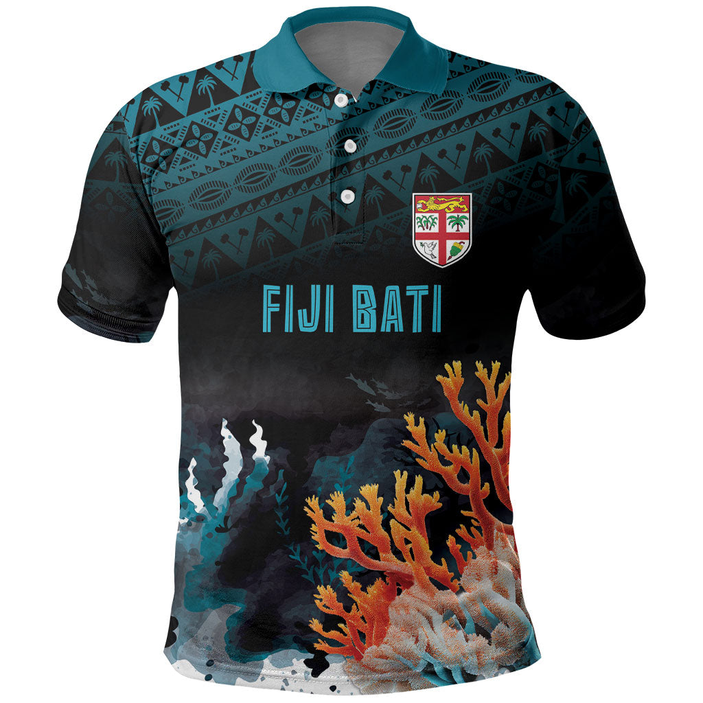 Fiji Bati Rugby Custom Viti Masi Polo Shirt Coral Motifs LT7 Black Turquoise - Polynesian Pride