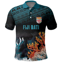 Fiji Bati Rugby Custom Viti Masi Polo Shirt Coral Motifs LT7 Black Turquoise - Polynesian Pride