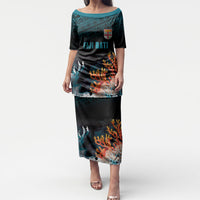Fiji Bati Rugby Custom Viti Masi Puletasi Coral Motifs LT7 Long Dress Black Turquoise - Polynesian Pride