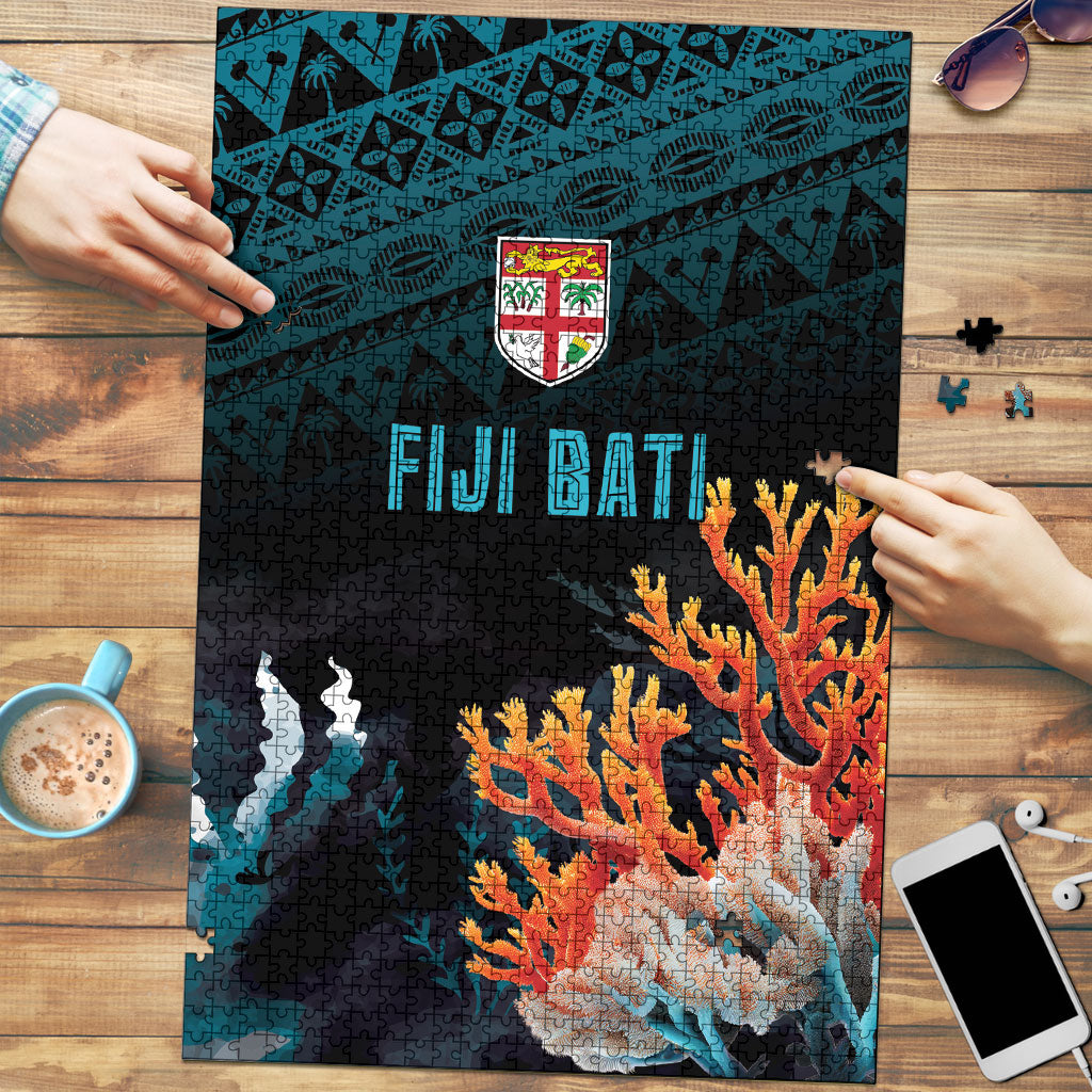 Fiji Bati Rugby Viti Masi Puzzle Coral Motifs LT7 Black Turquoise - Polynesian Pride