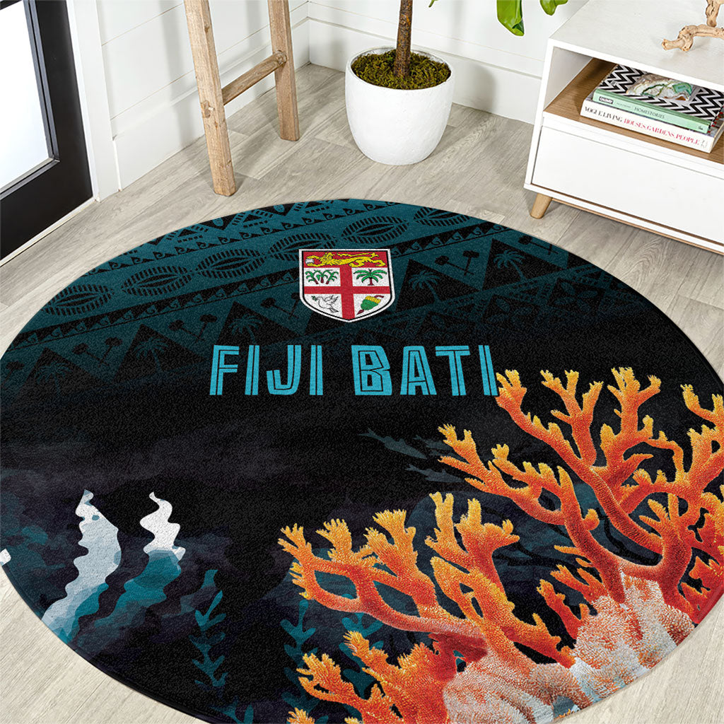 Fiji Bati Rugby Viti Masi Round Carpet Coral Motifs LT7 Black Turquoise - Polynesian Pride