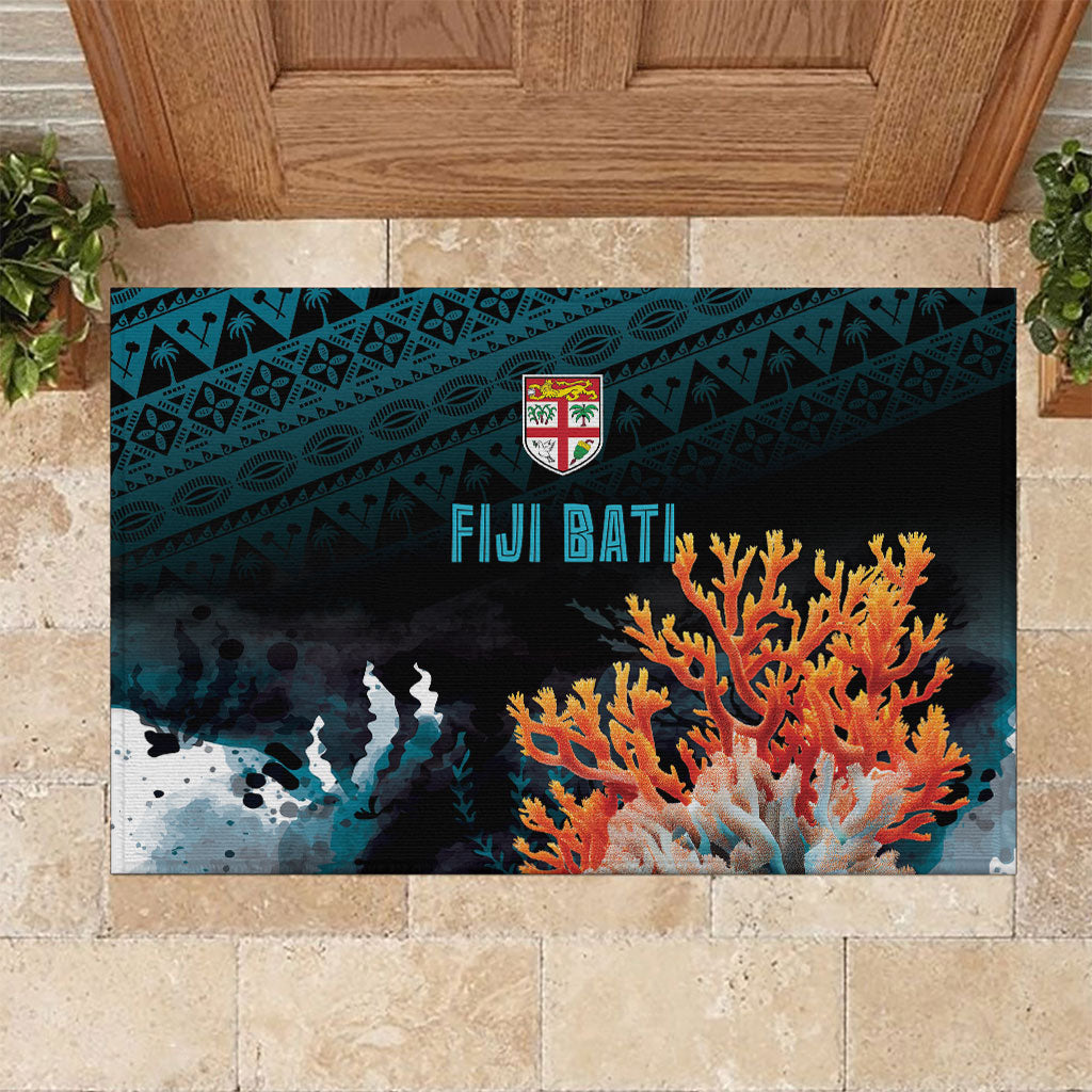 Fiji Bati Rugby Viti Masi Rubber Doormat Coral Motifs LT7 Black Turquoise - Polynesian Pride