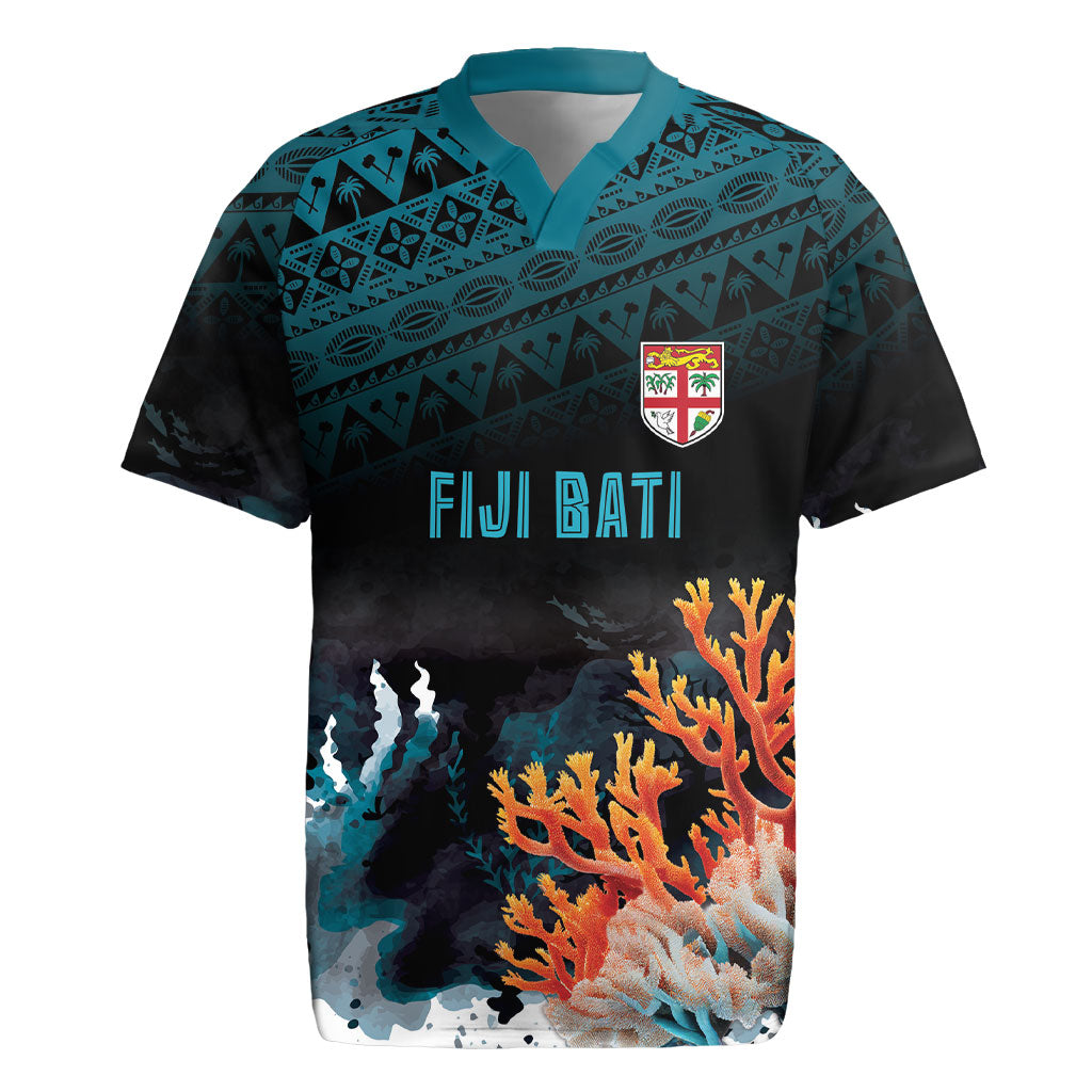 Fiji Bati Rugby Custom Viti Masi Rugby Jersey Coral Motifs LT7 Black Turquoise - Polynesian Pride