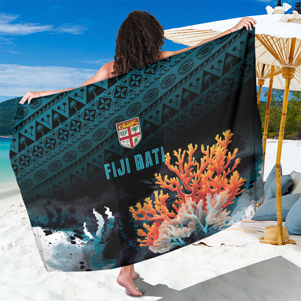 Fiji Bati Rugby Viti Masi Sarong Coral Motifs LT7 One Size 44 x 66 inches Black Turquoise - Polynesian Pride