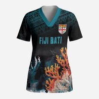 Fiji Bati Rugby Custom Viti Masi Scrub Top Coral Motifs LT7 Adult Black Turquoise - Polynesian Pride