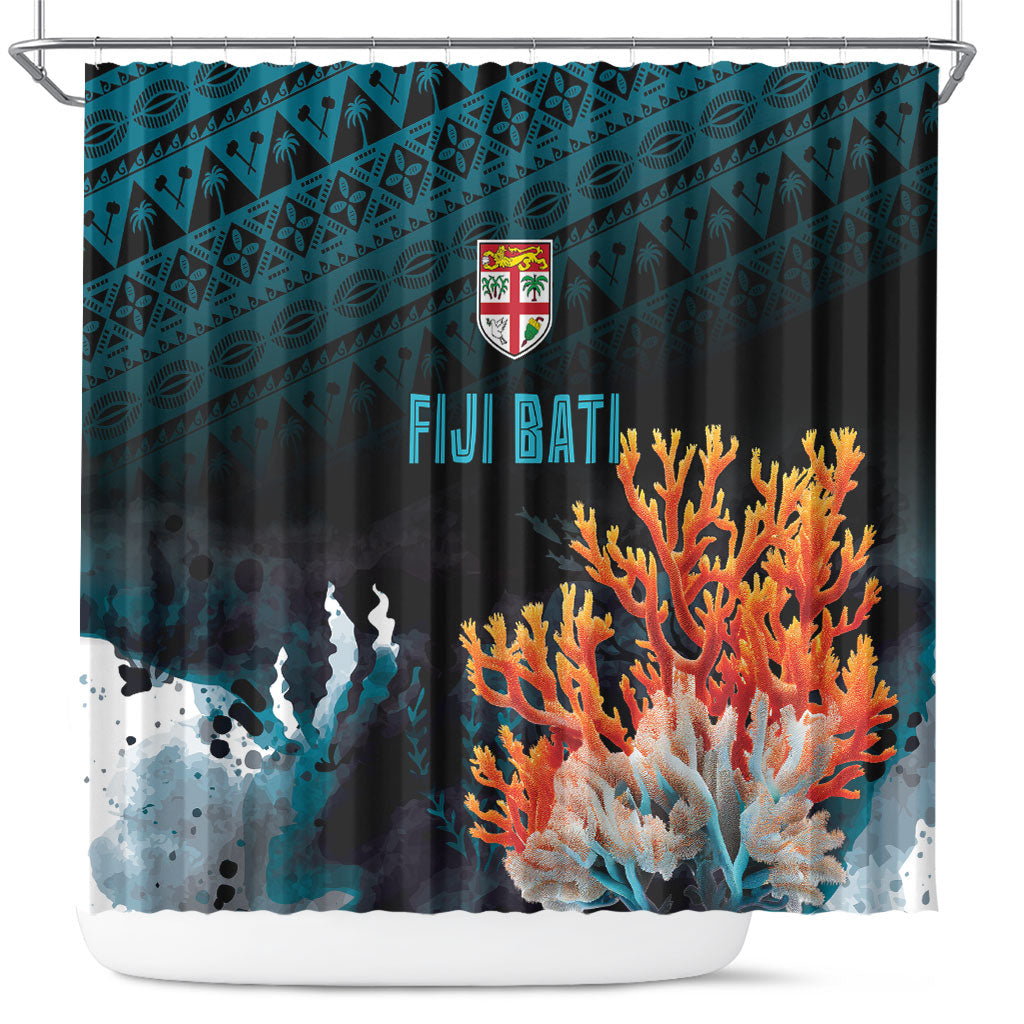 Fiji Bati Rugby Viti Masi Shower Curtain Coral Motifs LT7 Black Turquoise - Polynesian Pride
