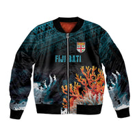 Fiji Bati Rugby Custom Viti Masi Sleeve Zip Bomber Jacket Coral Motifs LT7 Unisex Black Turquoise - Polynesian Pride