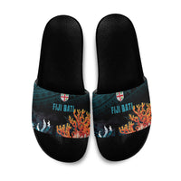 Fiji Bati Rugby Viti Masi Slide Sandals Coral Motifs LT7 Black Turquoise - Polynesian Pride