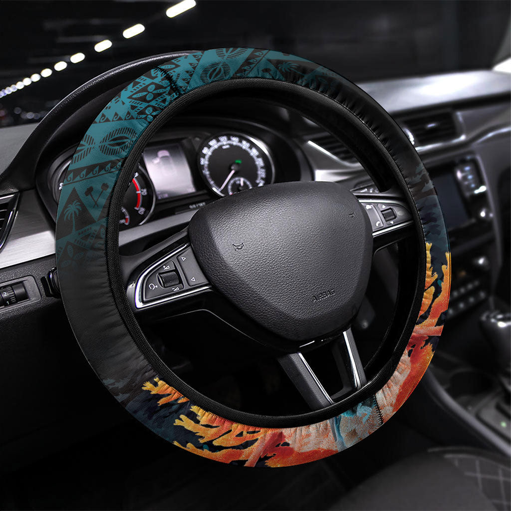 Fiji Bati Rugby Viti Masi Steering Wheel Cover Coral Motifs LT7 Universal Fit Black Turquoise - Polynesian Pride
