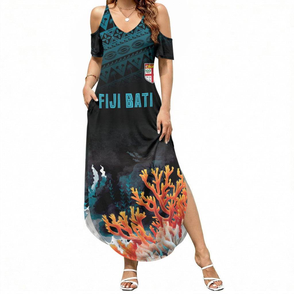 Fiji Bati Rugby Custom Viti Masi Summer Maxi Dress Coral Motifs LT7 Women Black Turquoise - Polynesian Pride