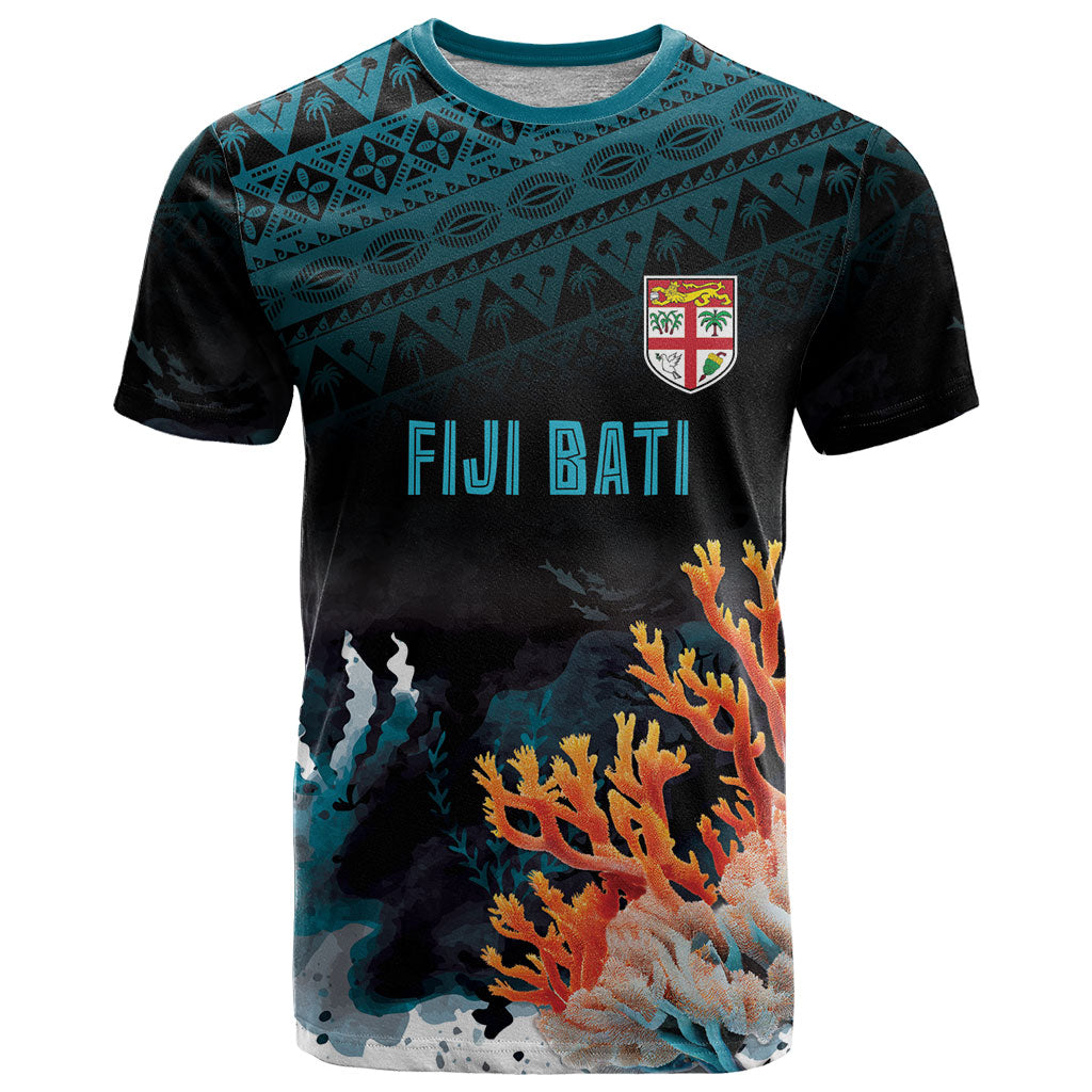 Fiji Bati Rugby Custom Viti Masi T Shirt Coral Motifs LT7 Black Turquoise - Polynesian Pride