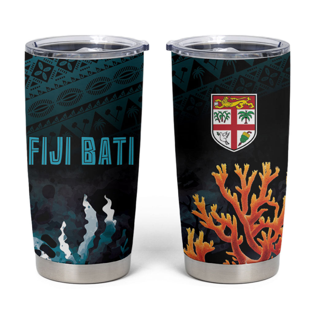 Fiji Bati Rugby Viti Masi Tumbler Cup Coral Motifs LT7 Black Turquoise - Polynesian Pride
