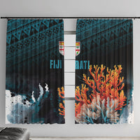 Fiji Bati Rugby Viti Masi Window Curtain Coral Motifs LT7 With Hooks Black Turquoise - Polynesian Pride