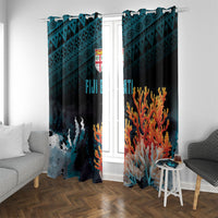 Fiji Bati Rugby Viti Masi Window Curtain Coral Motifs LT7 With Grommets Black Turquoise - Polynesian Pride