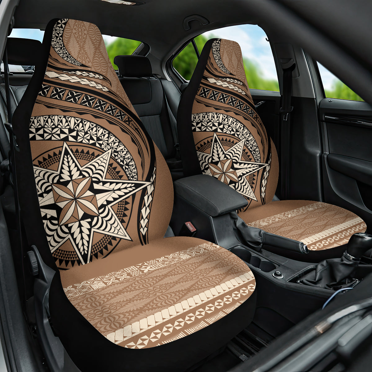 Tonga Ngatu Car Seat Cover Tokelau Classic Motifs LT7 One Size Brown - Polynesian Pride