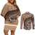 Tonga Ngatu Couples Matching Off Shoulder Short Dress and Long Sleeve Button Shirt Tokelau Classic Motifs LT7 Brown - Polynesian Pride